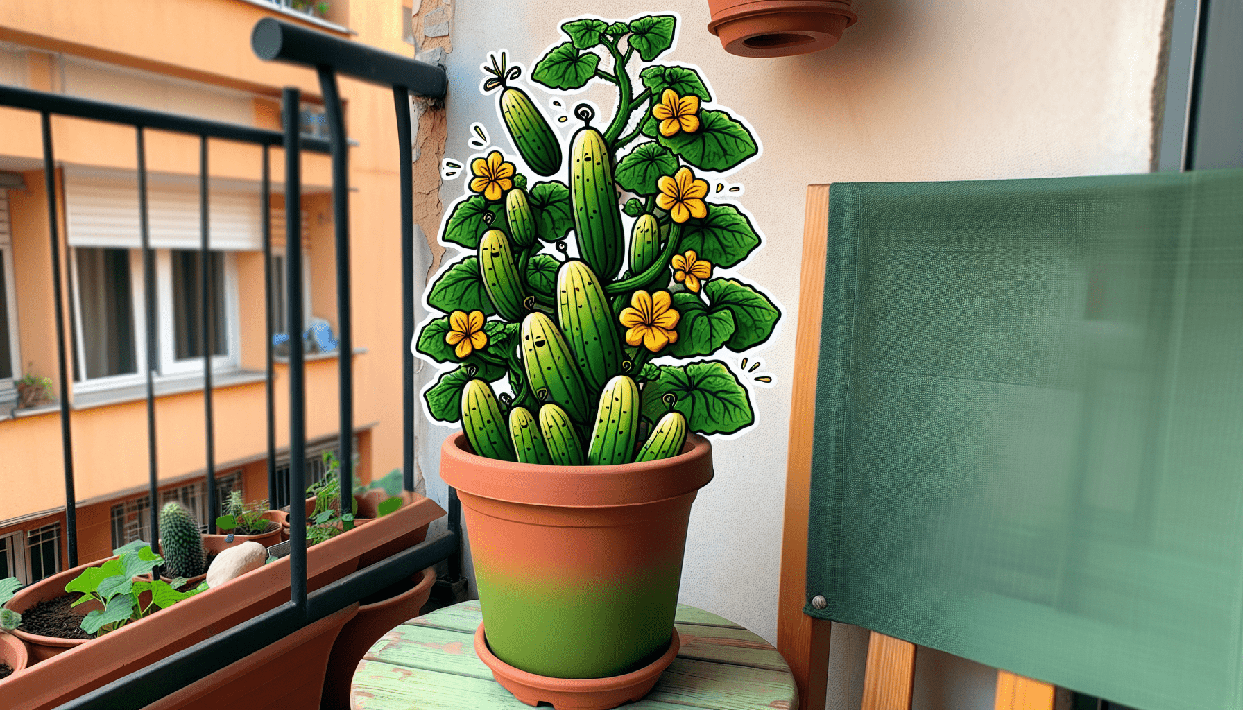 pot balkon met een komkommerplant