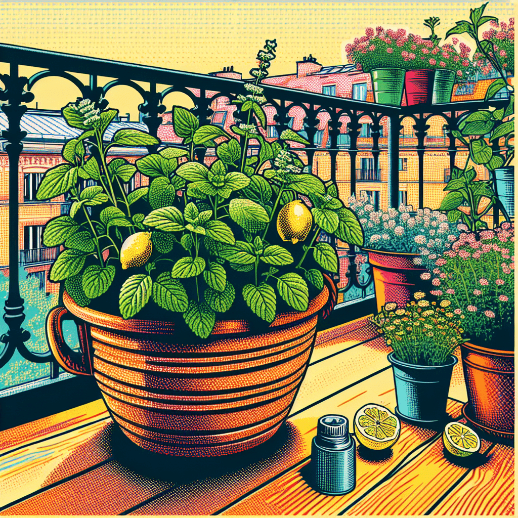 een terracotta pot op balkon met citroenmelisse