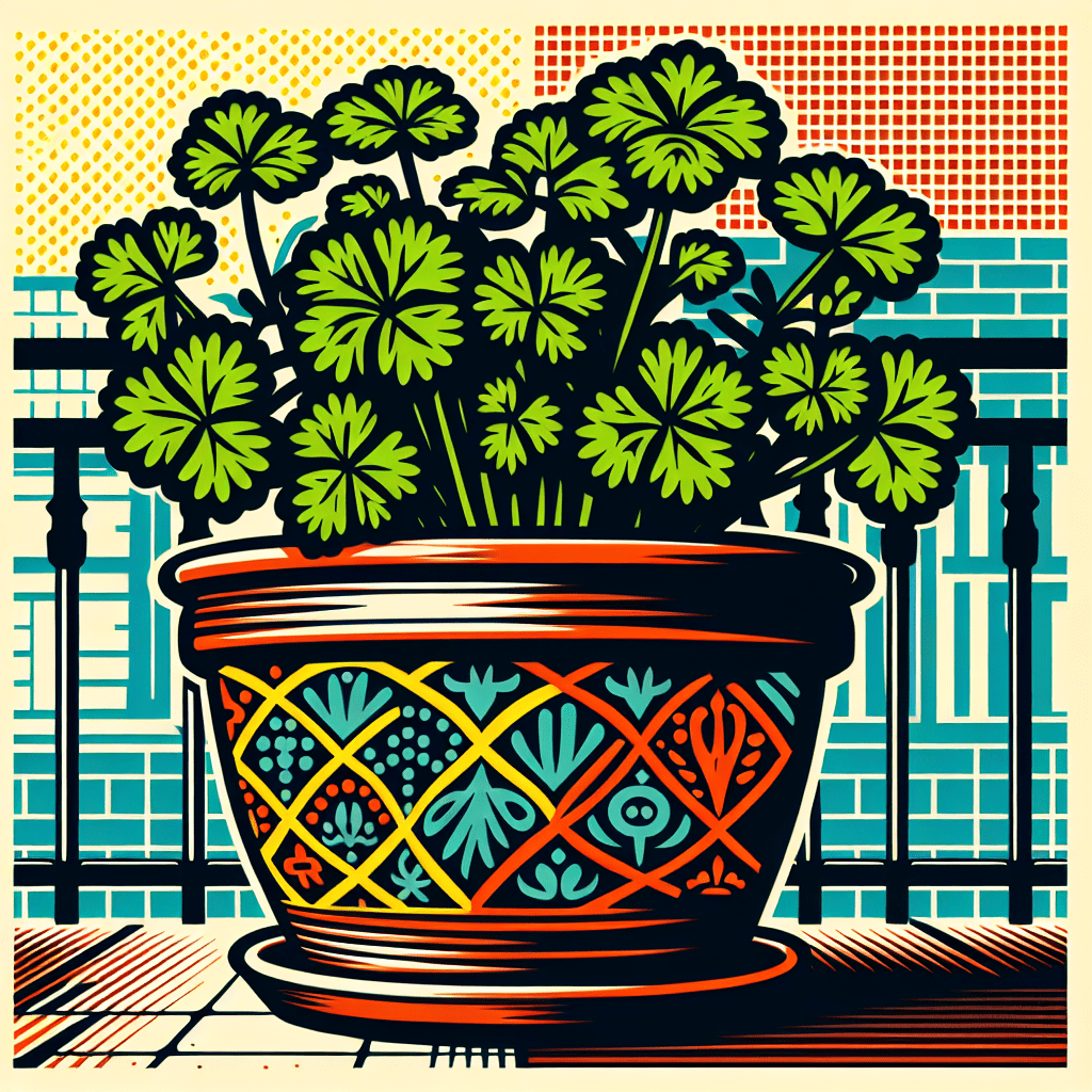 een terracotta pot op een balkon met lavas kruid